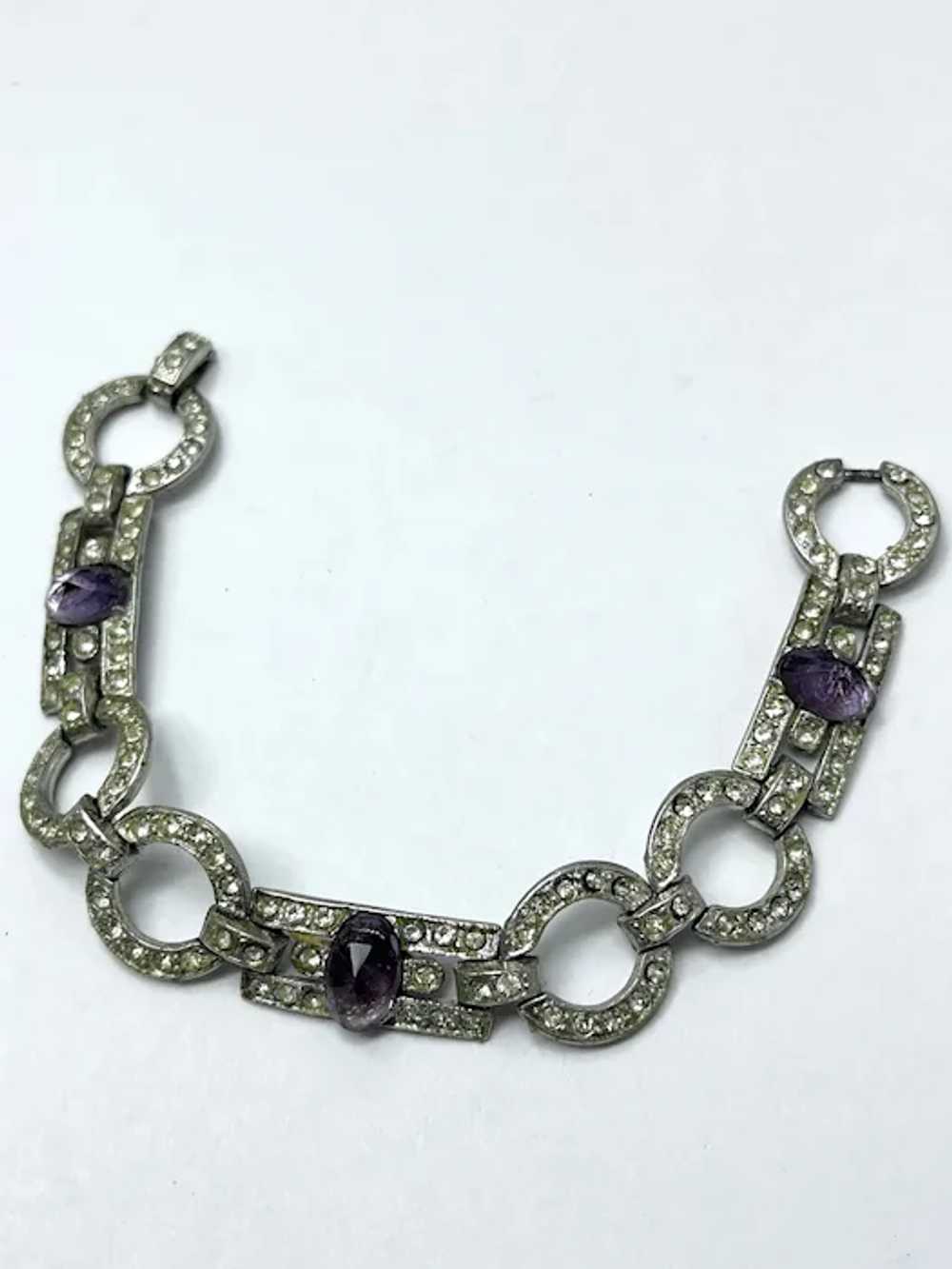 Art Deco Purple Glass Rhinestone Estate Bracelet - image 3