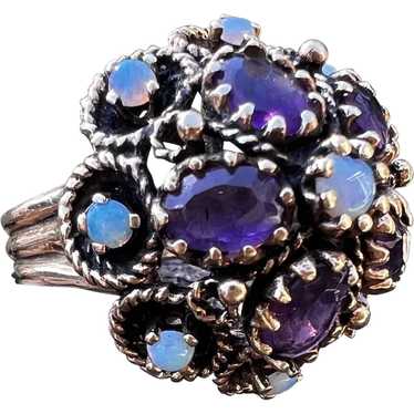 14K Yellow Gold Amethyst and Opal Cluster Ring