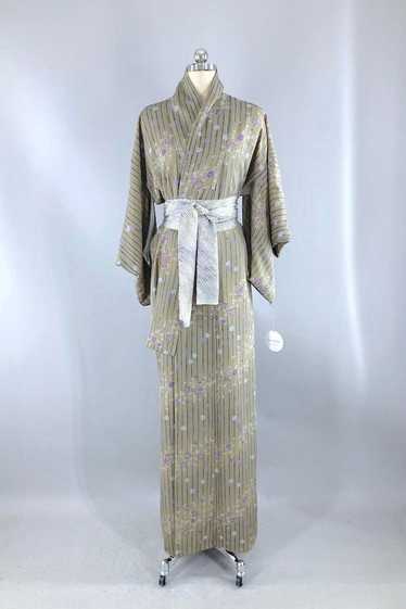 Vintage Olive Green Floral Stripe Kimono