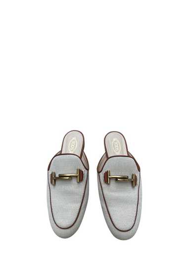 Tod's Ivory Canvas & Tan Leather Backless Loafers