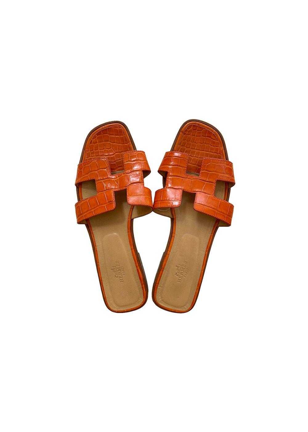 Hermes Orange Crocodile Leather Oran Sandals - image 2