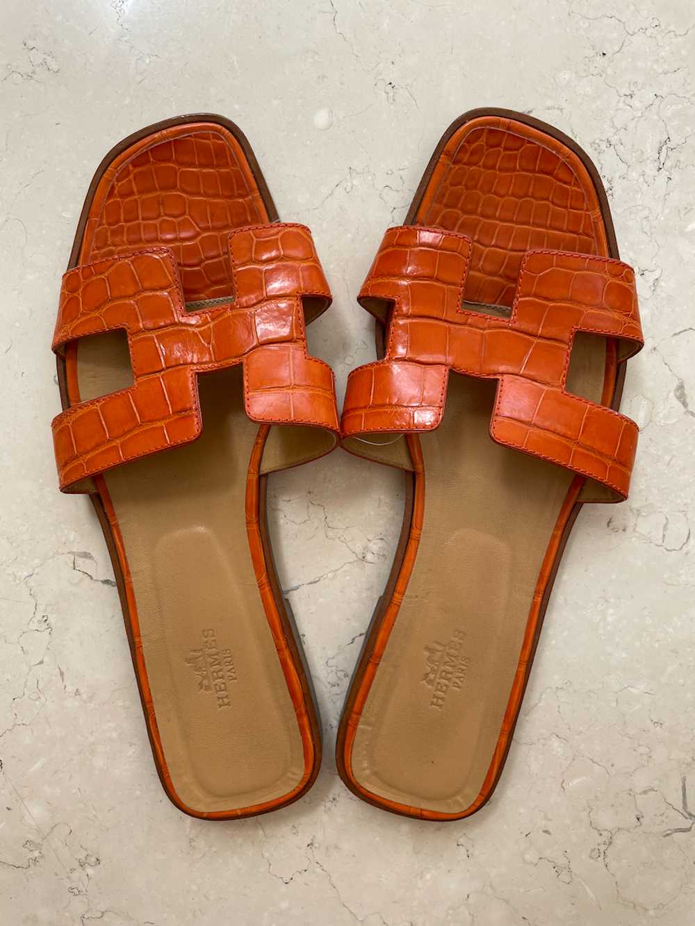 Hermes Orange Crocodile Leather Oran Sandals - image 3