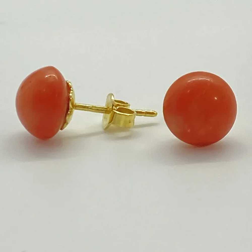 Red Coral Button Stud Earrings 18K Gold - image 2