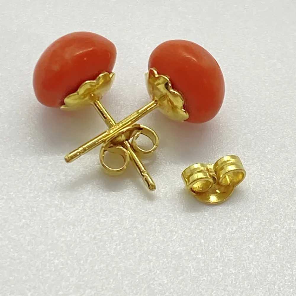 Red Coral Button Stud Earrings 18K Gold - image 3
