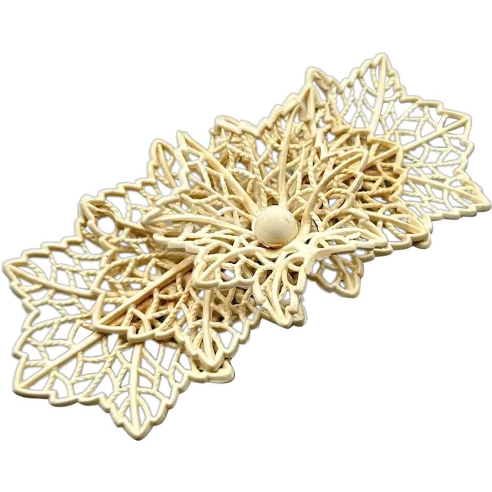 Vintage Celluloid Brooch Cream Lace Bow Ribbon Ea… - image 1
