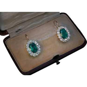 Antique Colombian Emerald Diamond Cluster Earrings