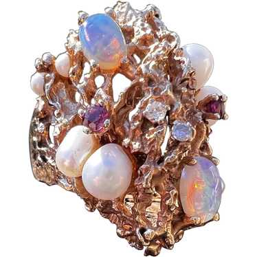 14K Yellow Gold Opal, Pearl, Ruby and Diamond Stat