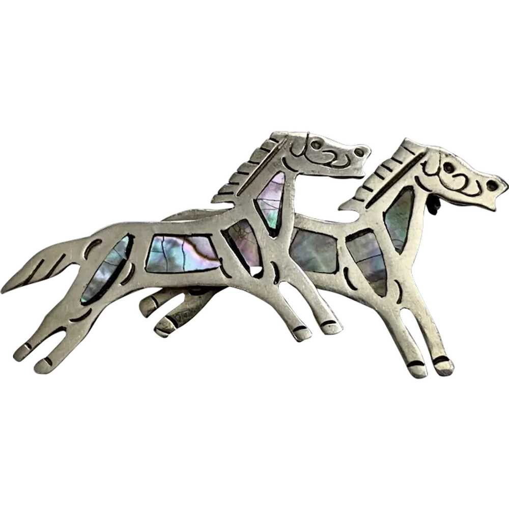 Vintage Taxco Mexico Horses Sterling Silver Abalo… - image 1