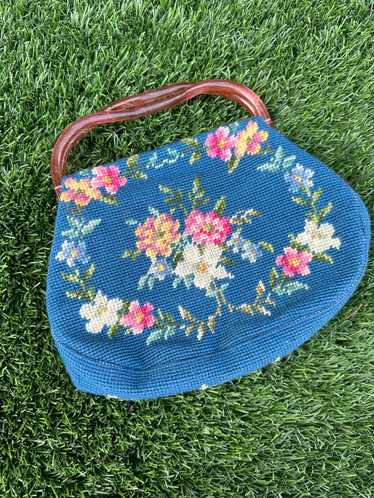 1950s Blue Embroidered Handbag