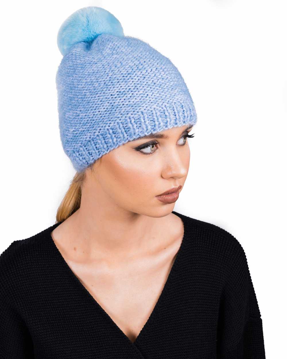 FurbySD Blue Merino Wool Beanie with Chinchilla P… - image 4