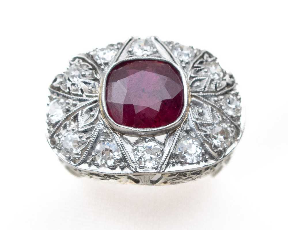Art Deco Ruby & Diamond Halo Ring - image 1