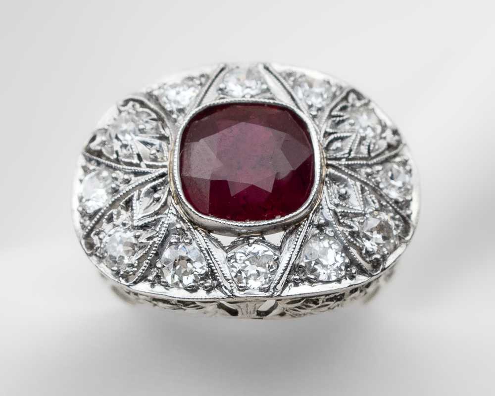 Art Deco Ruby & Diamond Halo Ring - image 1