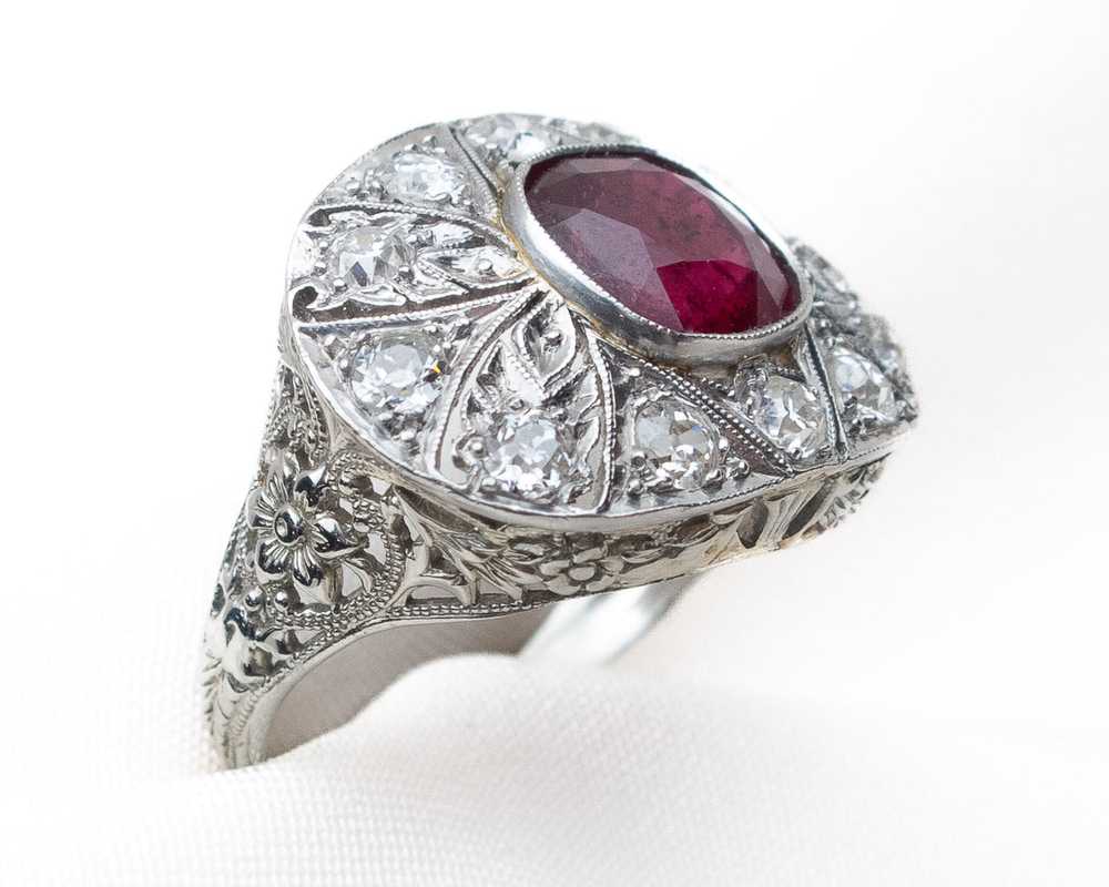 Art Deco Ruby & Diamond Halo Ring - image 2