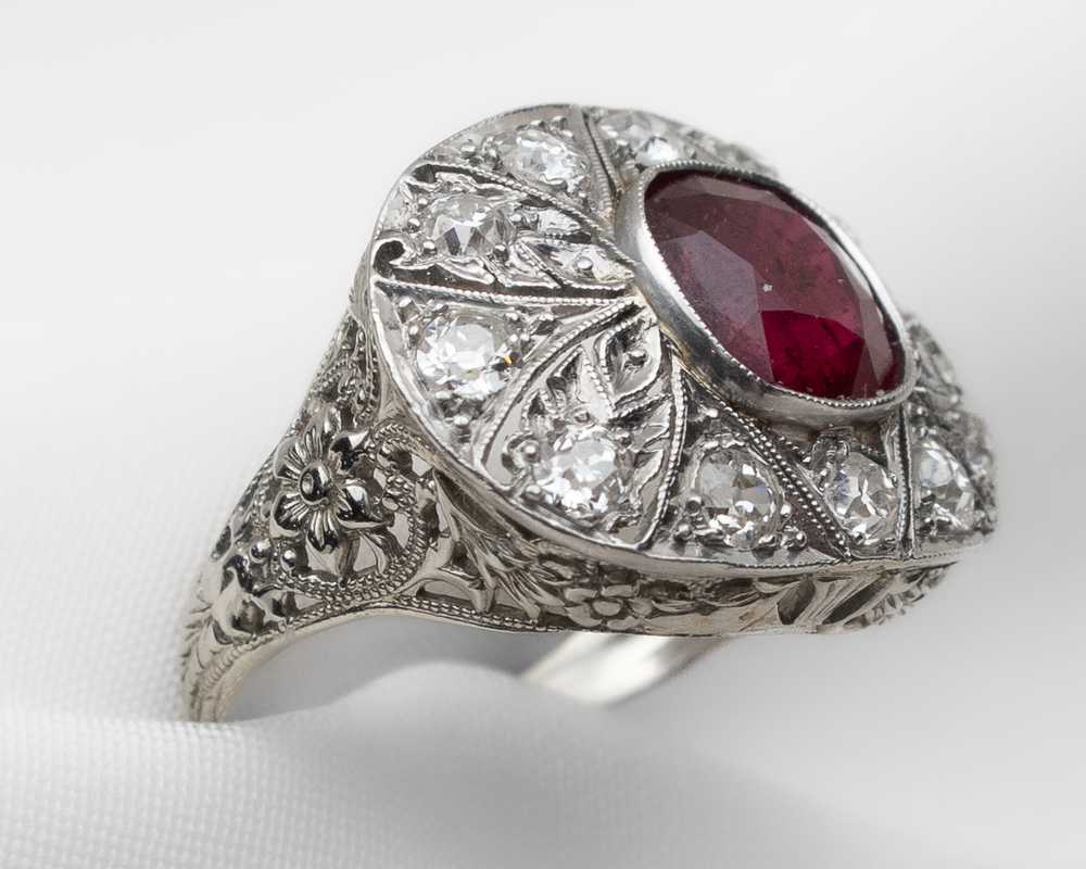 Art Deco Ruby & Diamond Halo Ring - image 2