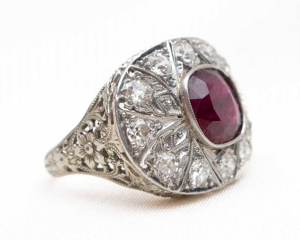 Art Deco Ruby & Diamond Halo Ring - image 3