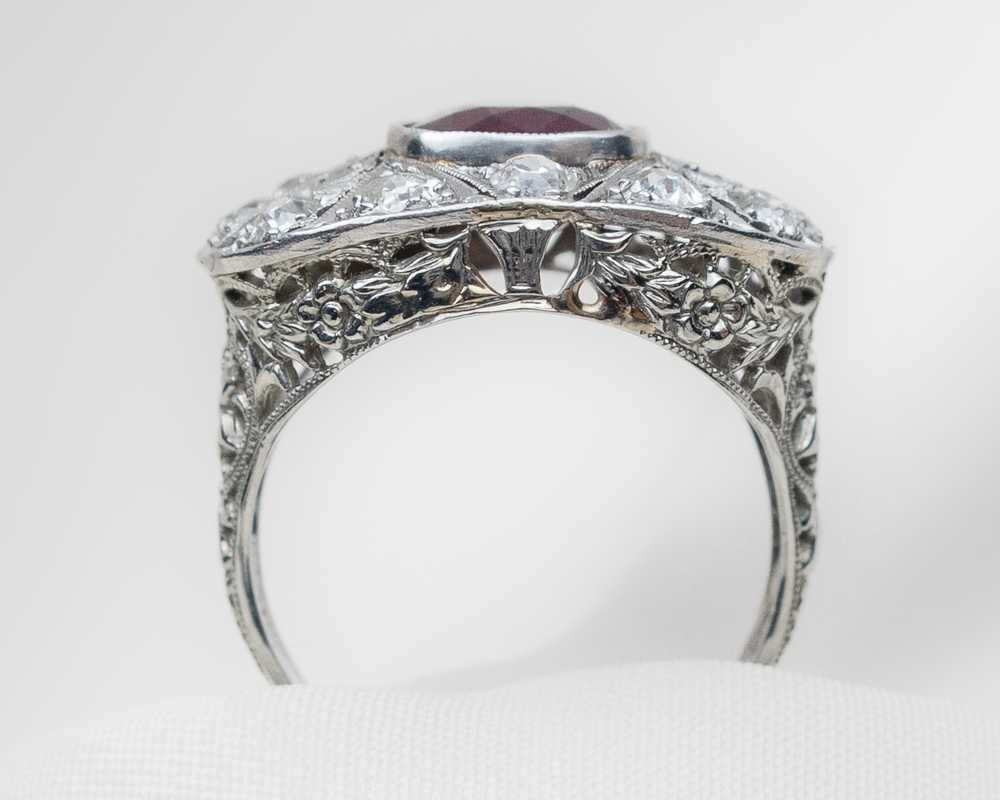 Art Deco Ruby & Diamond Halo Ring - image 3