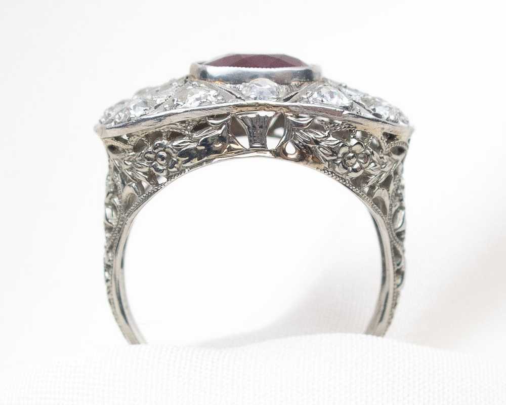 Art Deco Ruby & Diamond Halo Ring - image 4