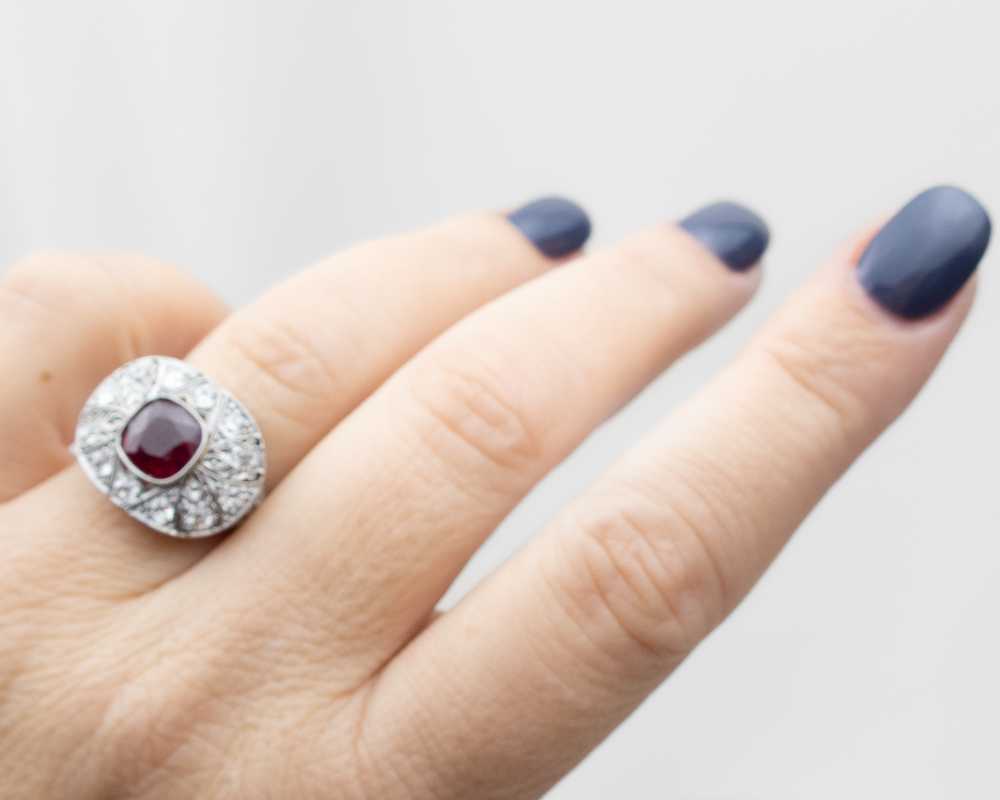 Art Deco Ruby & Diamond Halo Ring - image 4