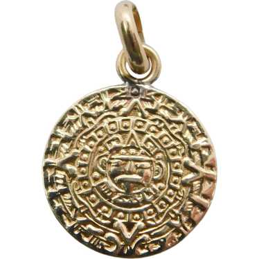 Aztec Mayan Sun Calendar Pendant 14K Gold - image 1