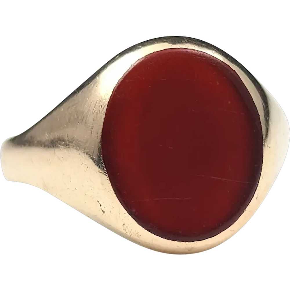 Antique Art Deco Carnelian signet ring, 9k gold - image 1