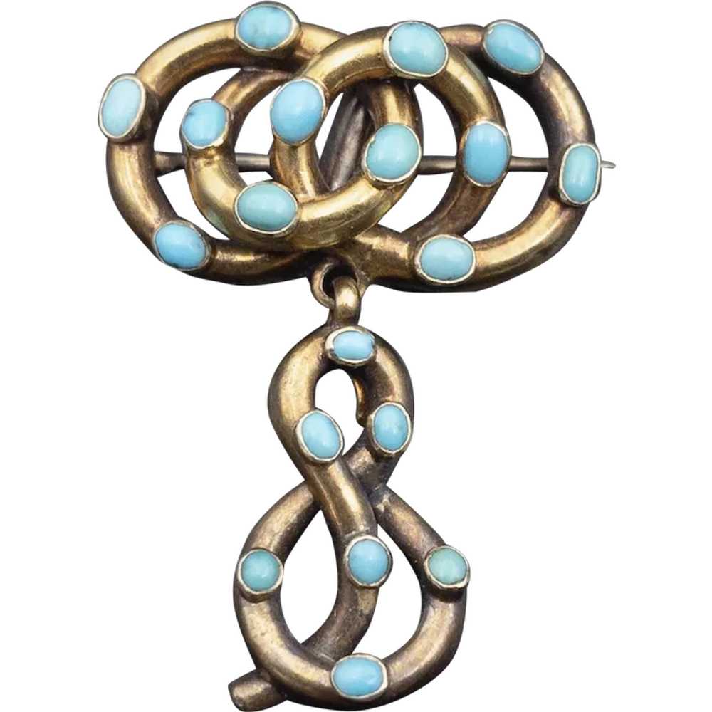 Antique 18K & Turquoise Serpentine Love Knot Broo… - image 1