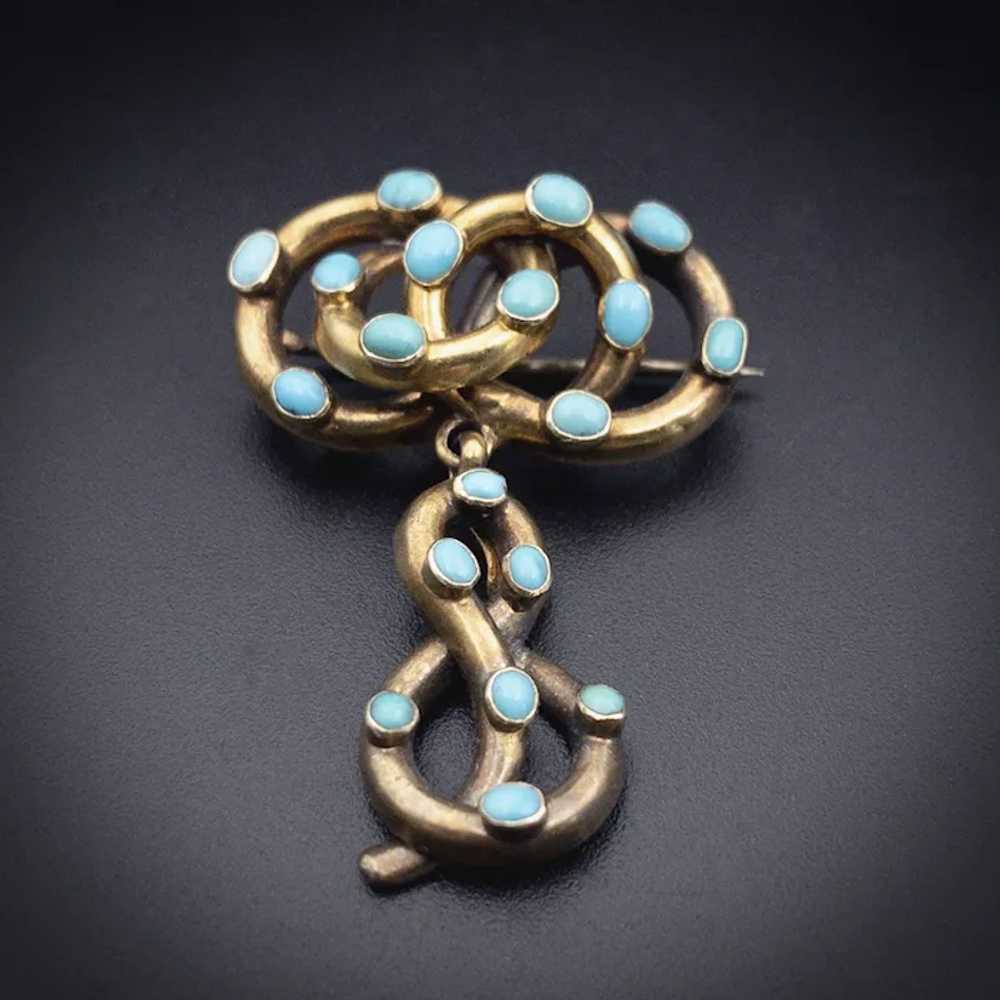 Antique 18K & Turquoise Serpentine Love Knot Broo… - image 2