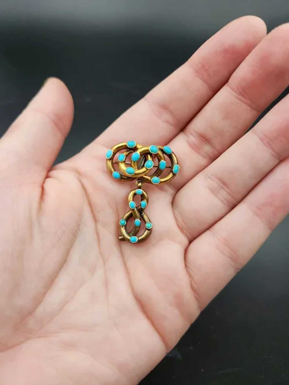 Antique 18K & Turquoise Serpentine Love Knot Broo… - image 7