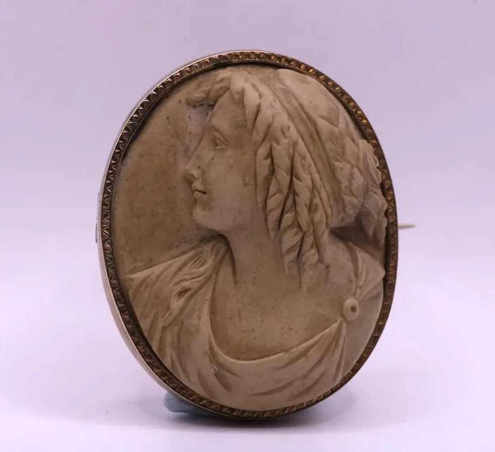 19th Century Carved Lava Cameo Brooch in 10K Gold… - image 2