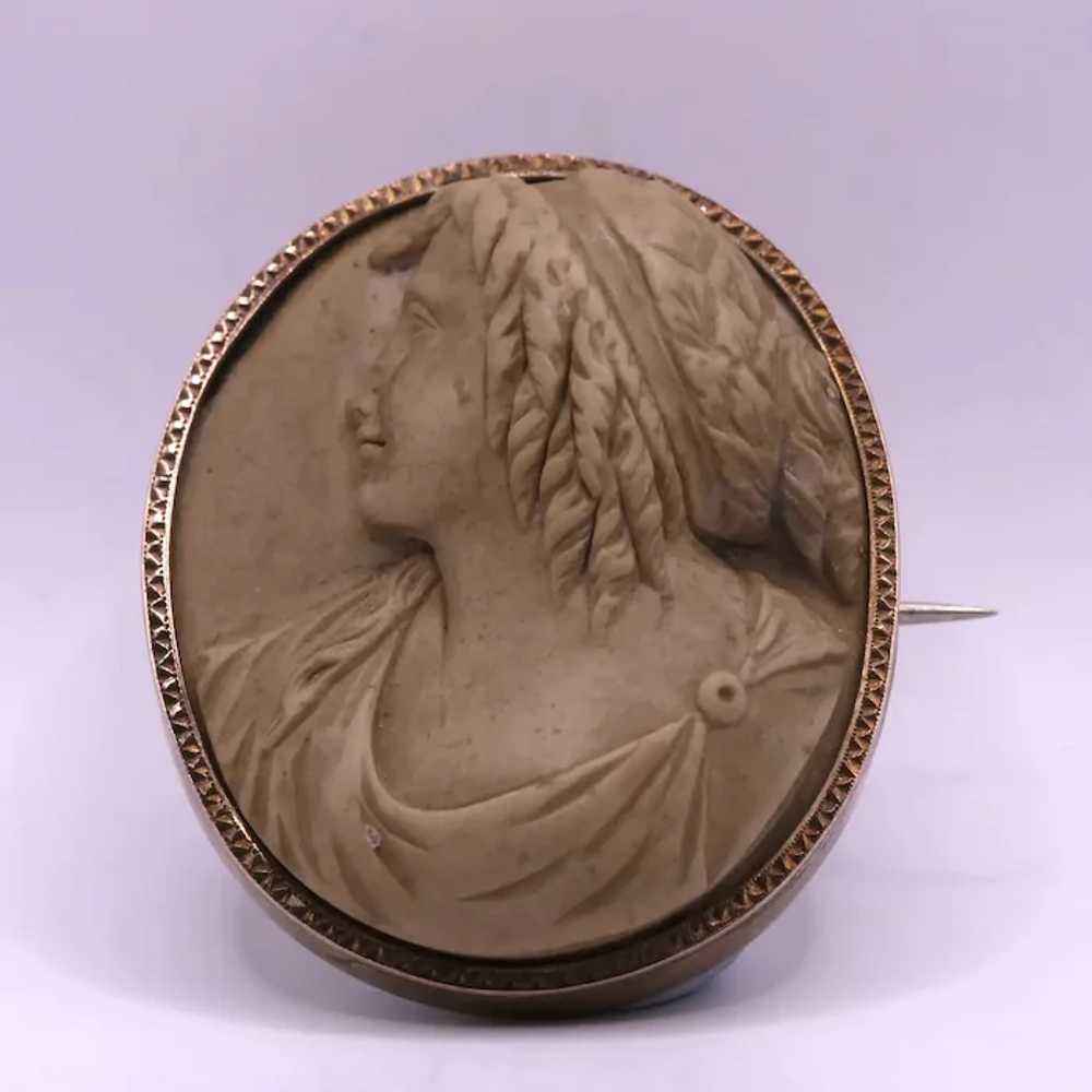 19th Century Carved Lava Cameo Brooch in 10K Gold… - image 3