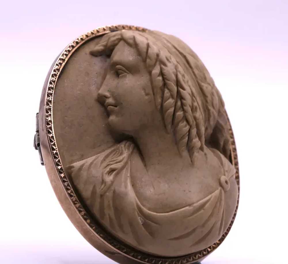 19th Century Carved Lava Cameo Brooch in 10K Gold… - image 4