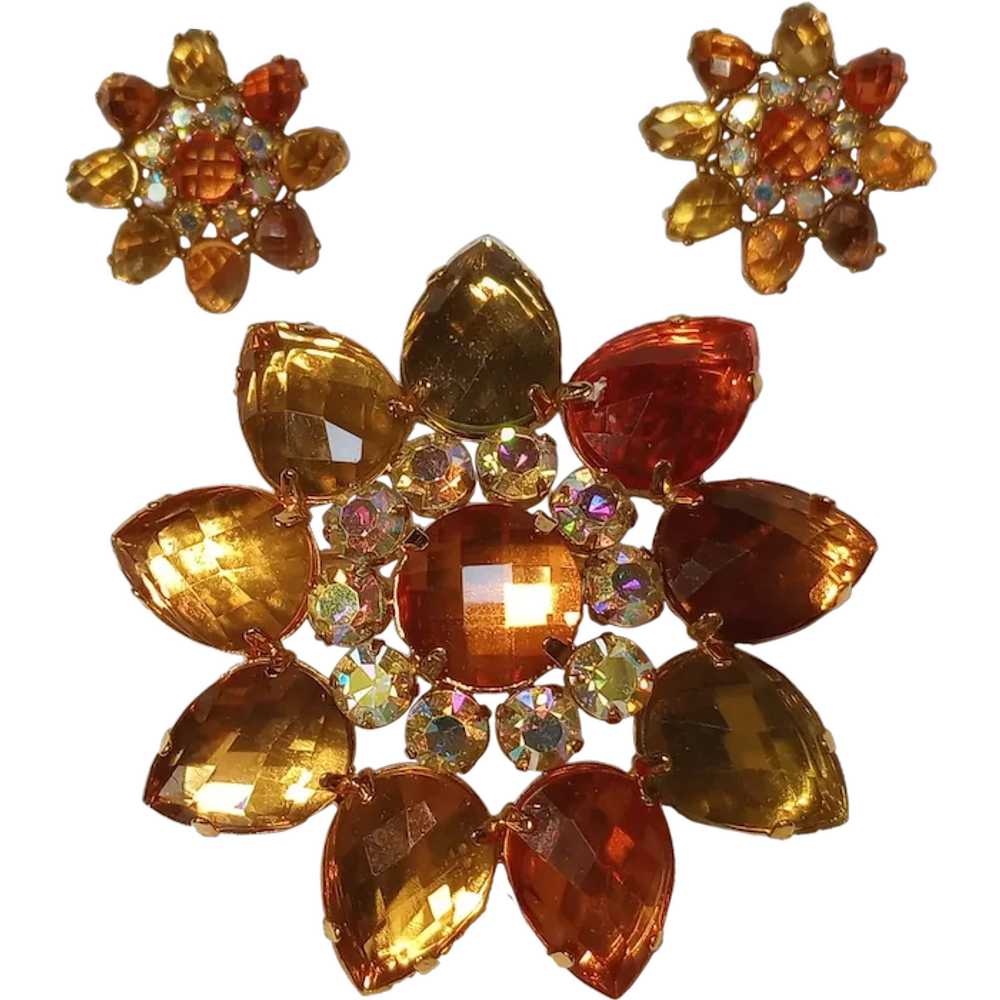 Joan Rivers flower pin earrings amber orange auro… - image 1