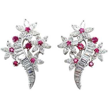Platinum and 14K White Gold Ruby and Diamond Earri