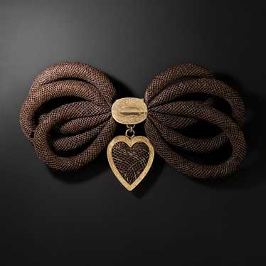 Victorian Woven Hair Bow Brooch with Heart - image 1
