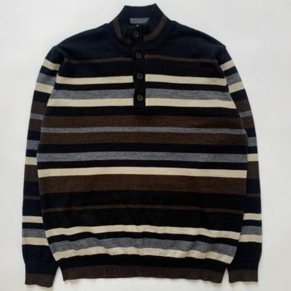 Vintage Merino Wool Brown Striped Half-Zip Long S… - image 1