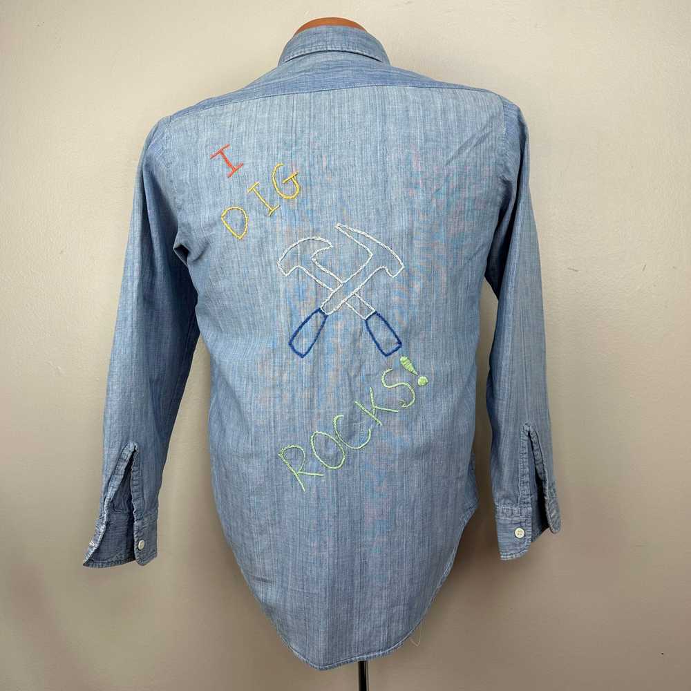 1970s Chambray Shirt with Embroidery, Golden Line… - image 2