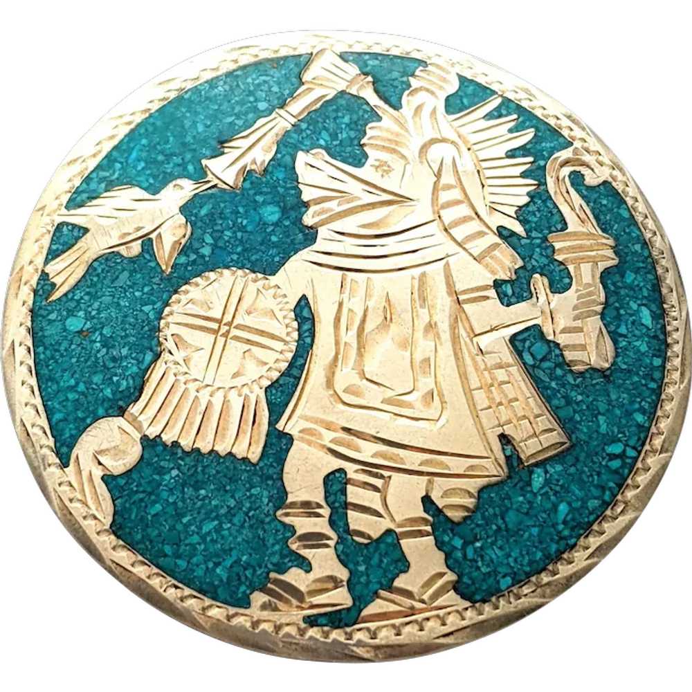925 Sterling Silver Mexico Round Warrior Turquois… - image 1
