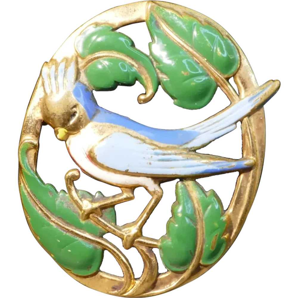 Unsigned Vintage Large Bird Brooch Enamel Paint -… - image 1