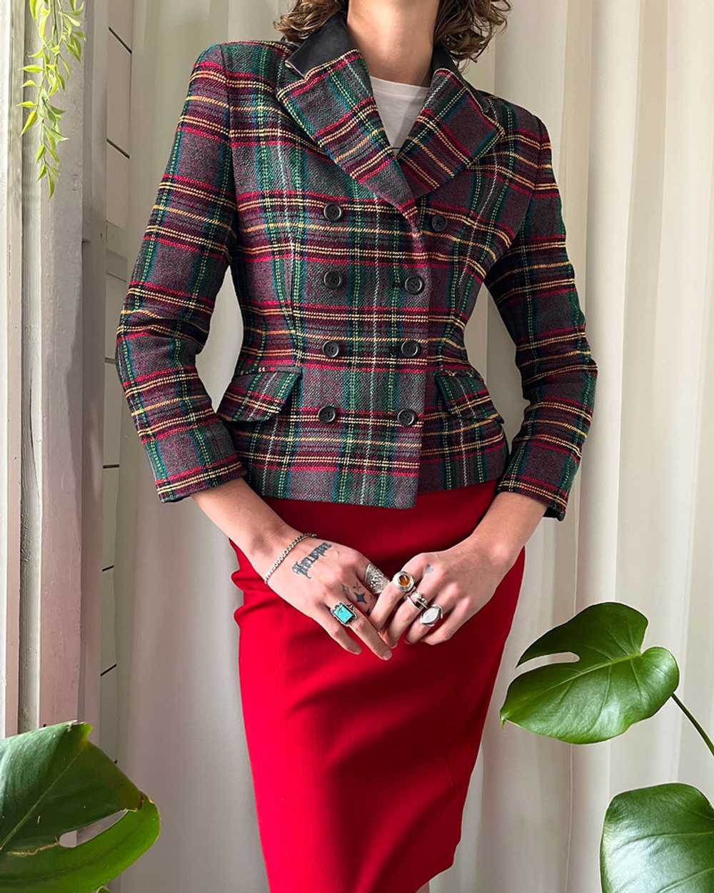 90s Leather Trim Plaid Jacket - image 1