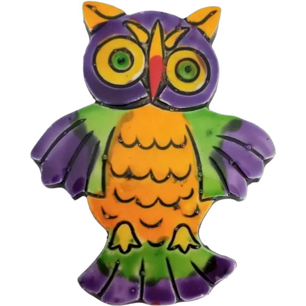 Plastic Multi Color Owl Pin, Made In West Germany… - image 1