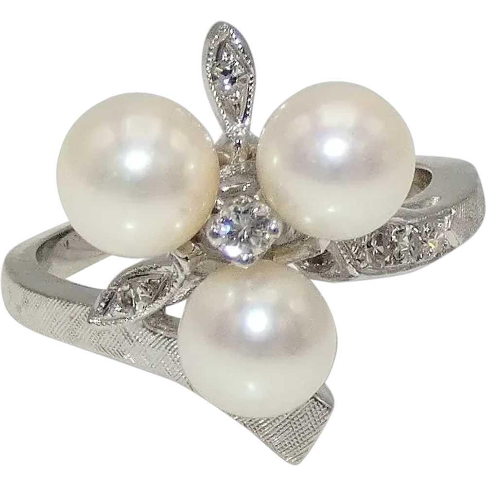 14K White Gold Ring with Cultured Pearls & DIamon… - image 1