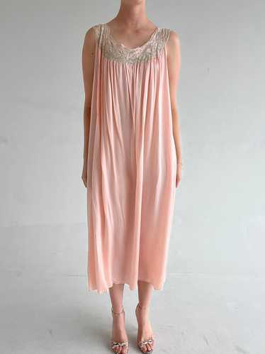 1930's Pink Silk Dress with Cream Lace and Embroid