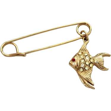 Safety Pin Brooch with Rhinestone Fish Dangle Cha… - image 1