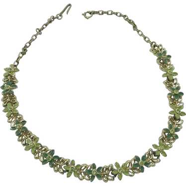 Green Enamel Floral Choker Necklace w/ Rhinestone… - image 1