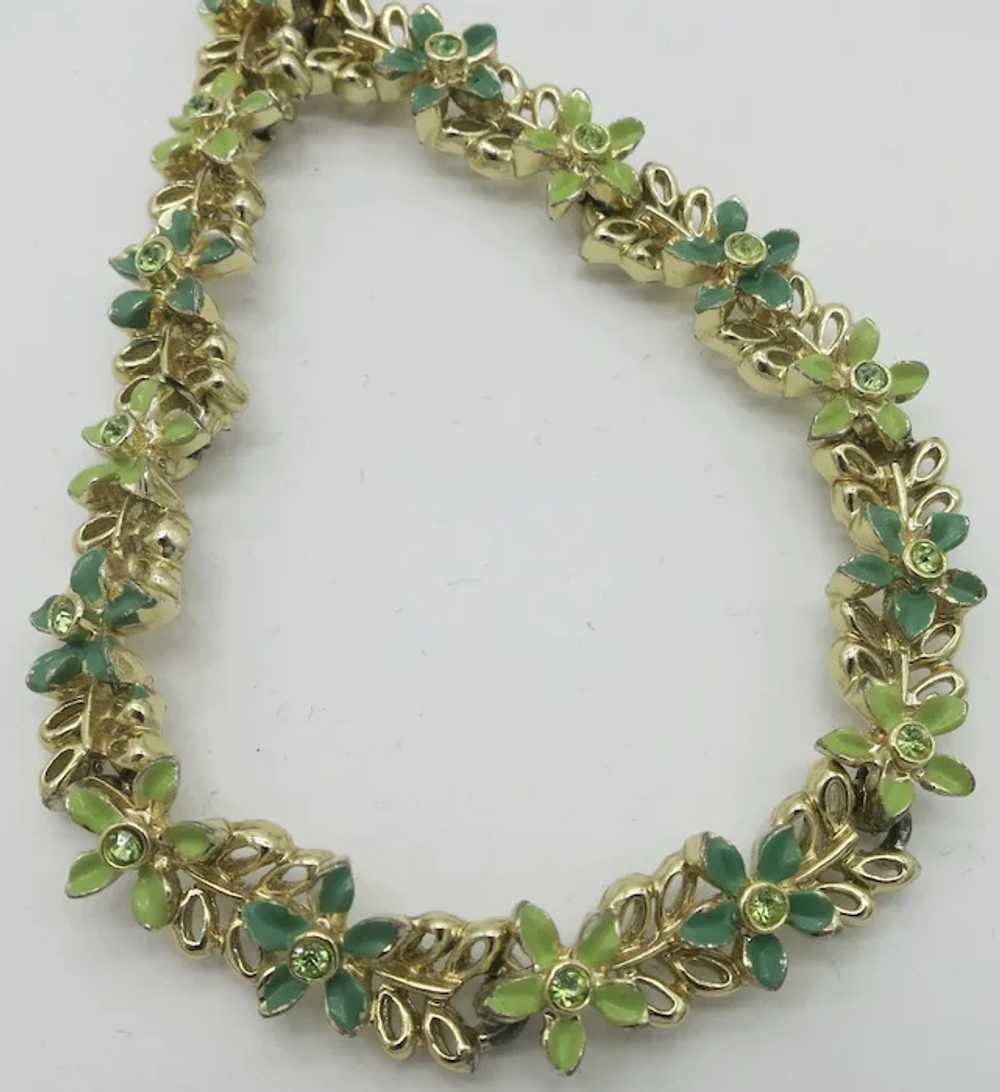 Green Enamel Floral Choker Necklace w/ Rhinestone… - image 2