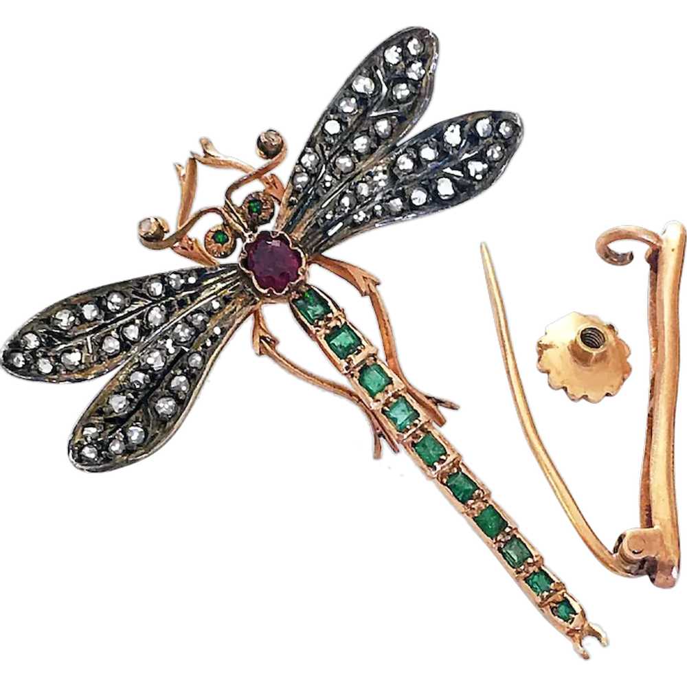 Antique Diamond Emerald Ruby Tiara Dragonfly 14K … - image 1