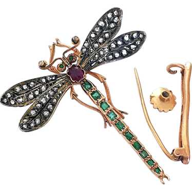 Antique Diamond Emerald Ruby Tiara Dragonfly 14K … - image 1