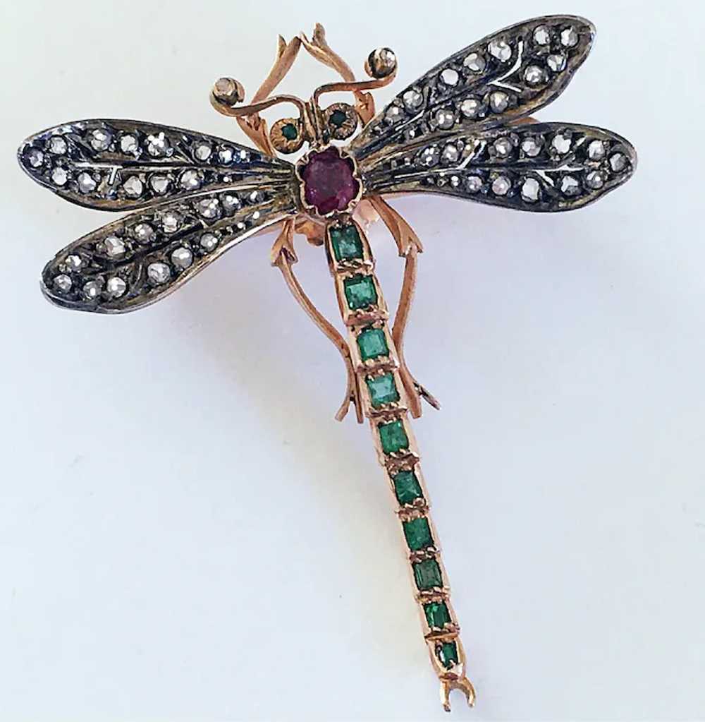Antique Diamond Emerald Ruby Tiara Dragonfly 14K … - image 2