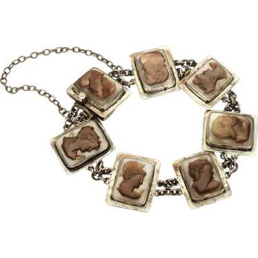 800 Silver Cameo Bracelet with 7 Unique Carved Ab… - image 1
