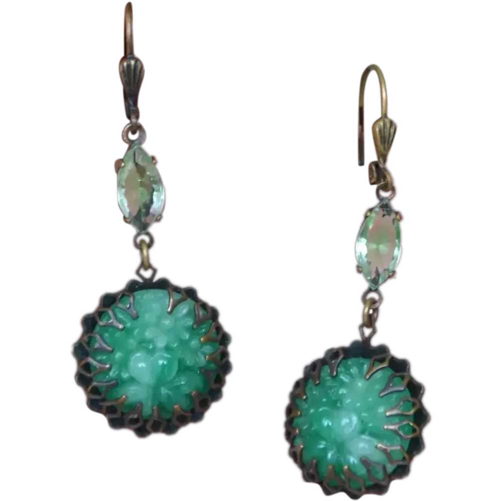 Faux Jade Carved Dangle Earrings - image 1