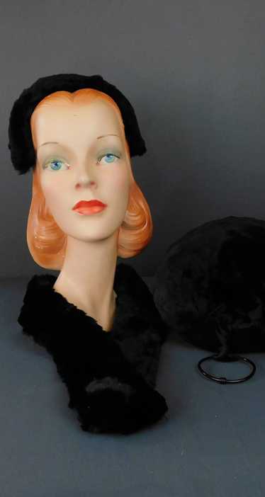 Vintage 1940s Black Fur Band Hat, Fur Scarf & Hand